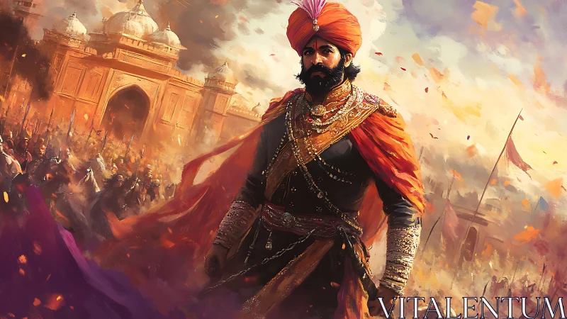 Warrior king in ornate armor leads cavalry before fortress