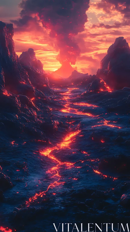 Volcanic lava channel extends toward distant eruptive plume