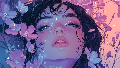 Dreamlike woman portrait surrounded by glowing blossoms.