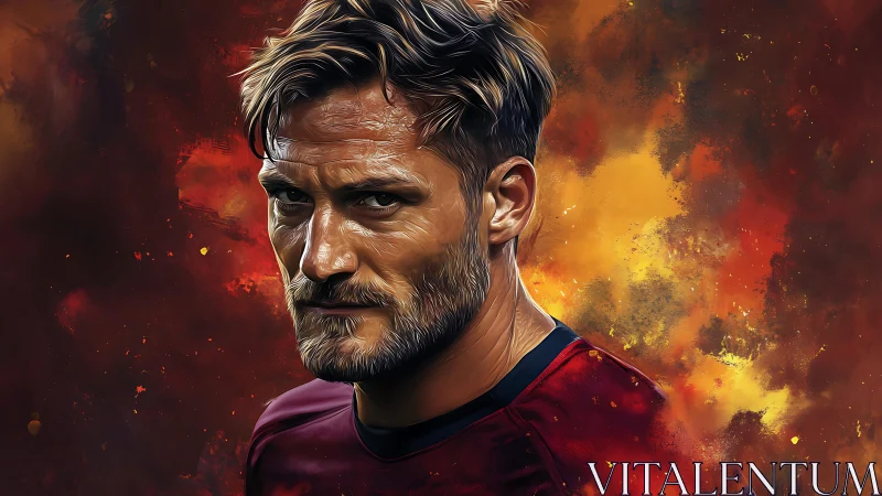 Intense digital portrait of male athlete in fiery colors.