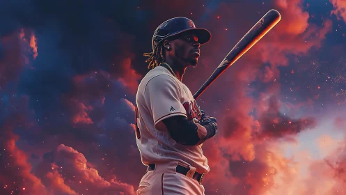 Baseball slugger waits to bat beneath a blazing cosmic sky