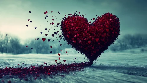 Giant Heart of Red Hearts Floating Over Icy Winter Landscape