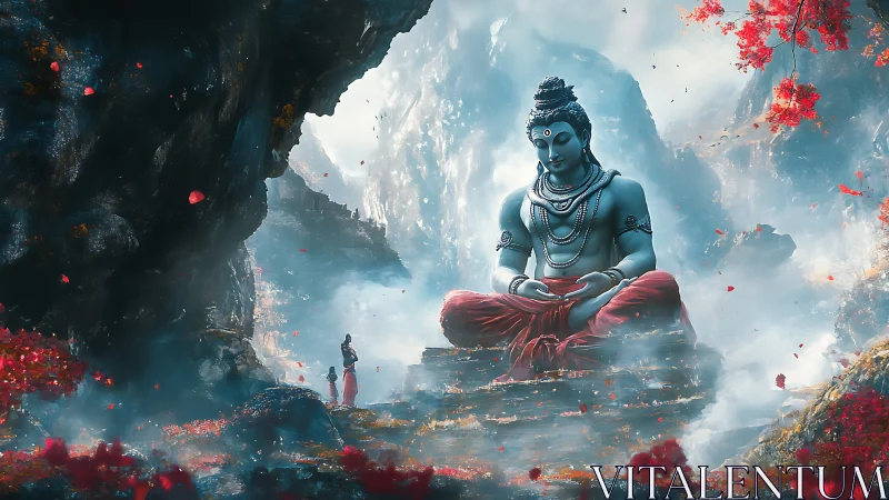 Mythic mountain deity in meditative shrine, digital painting.