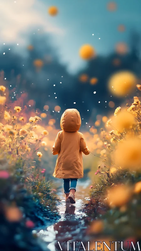 Backlit child in yellow coat walking along reflective floral path