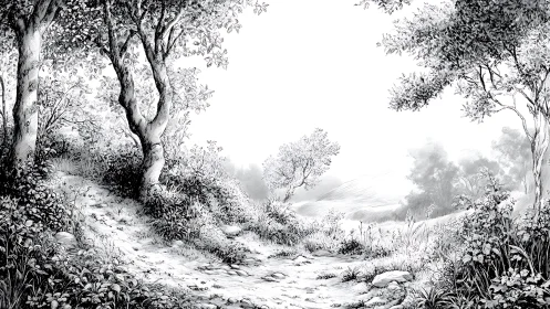 Ink-Rendered Pastoral Landscape with Arboreal Framing.