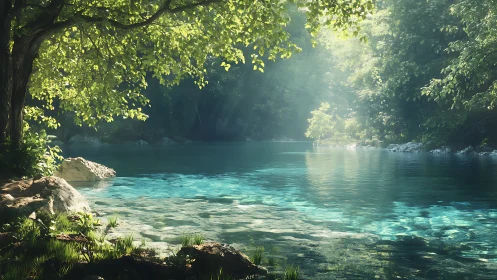 Sunlit forest lagoon with crystal shallows and soft mist.
