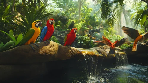 Colorful parrots on rock ledge above small jungle waterfall.