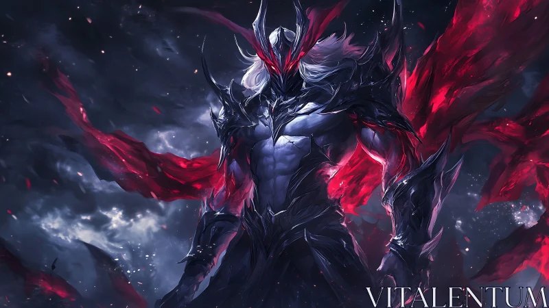 Armored dark warlord emerges amid crimson energy shards