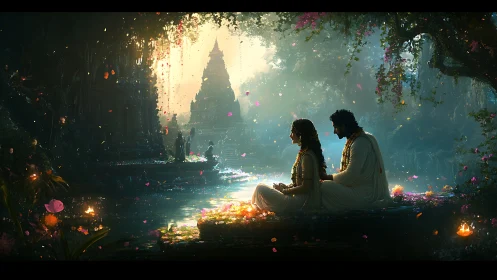 Divine lovers rest beside luminous temple river at dusk.