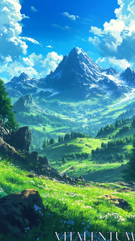 Sunlit alpine meadow unfolding beneath a crystal summit.