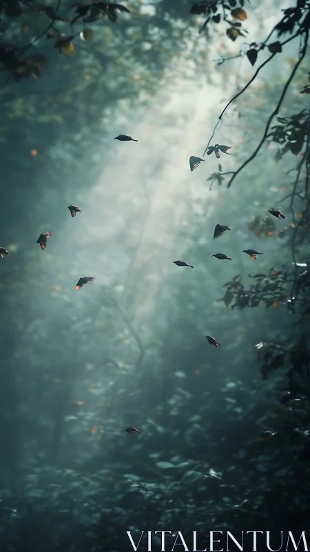 Falling Leaves Against Misty Forest Light.