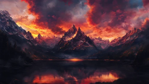 Mountain range reflects fiery sunset sky over calm lake