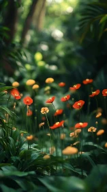 Red Tulips Bloom Through Verdant Garden Haze