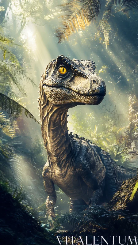 Velociraptor in volumetric rainforest light, high-detail render