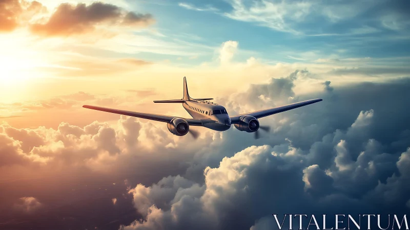 Vintage twin-engine airplane glides above sunlit clouds.