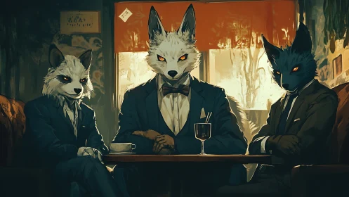 Anthropomorphic canids in suits sit at a dim caf&eacute; table