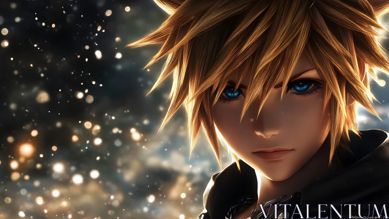 Cinematic close up of blue eyed anime hero with bokeh field