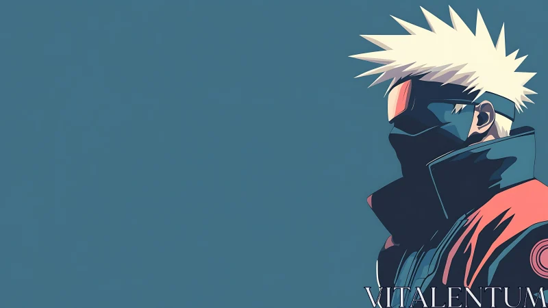 Stylized masked figure in profile against flat blue field.