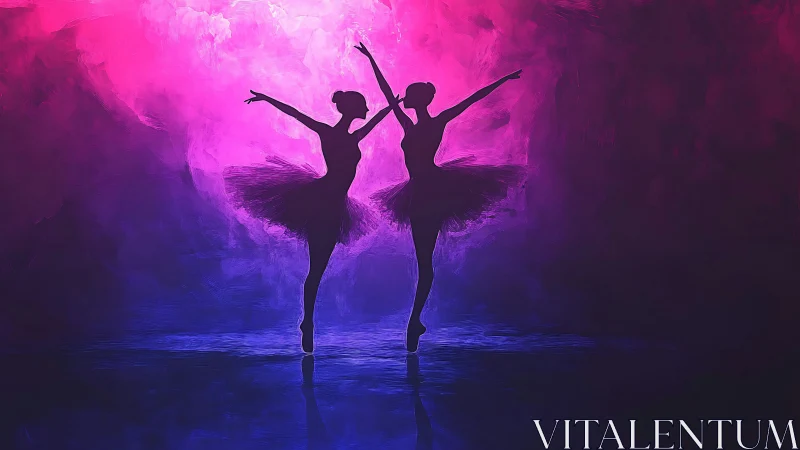 Silhouetted ballerinas against pink and purple gradient backdrop.