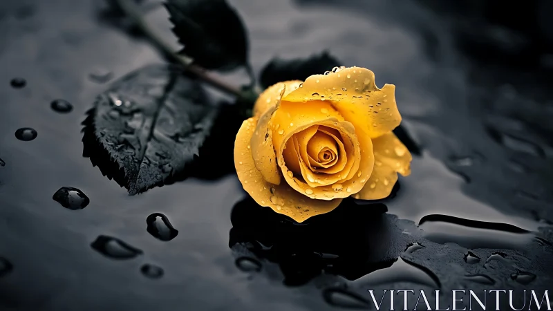 Golden rain-kissed rose adrift on midnight reflections.