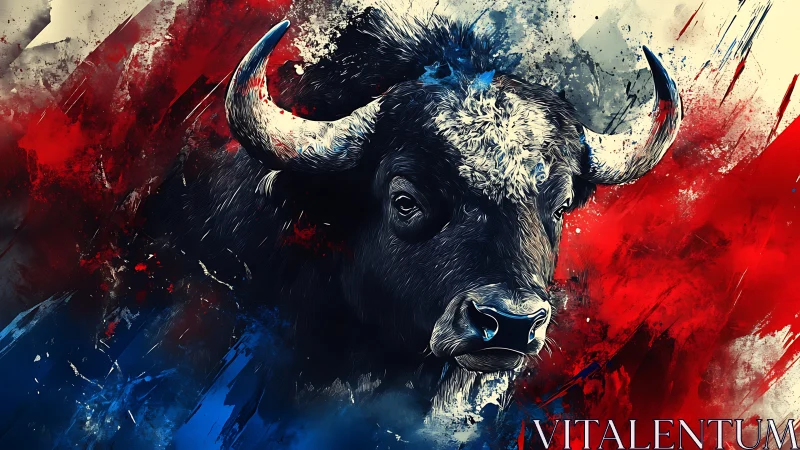 Bison portrait erupts through abstract red and blue chaos.