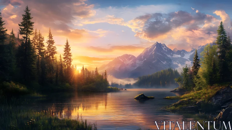 Digital painting of alpine lake sunset with conifer silhouettes.