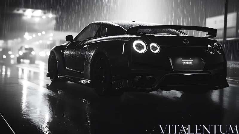 Rear view of sports car on wet city street at night.