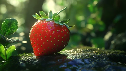 Macro-rendered strawberry shows glossy subsurface scattering detail