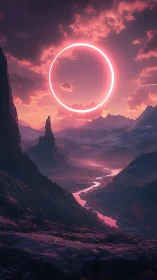 Ringed light over layered valley and distant peaks at dusk.