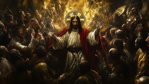Radiant Christ stands amid blazing golden crowded throng.