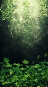 Emerald clover curtain glows against a shadowed forest wall.