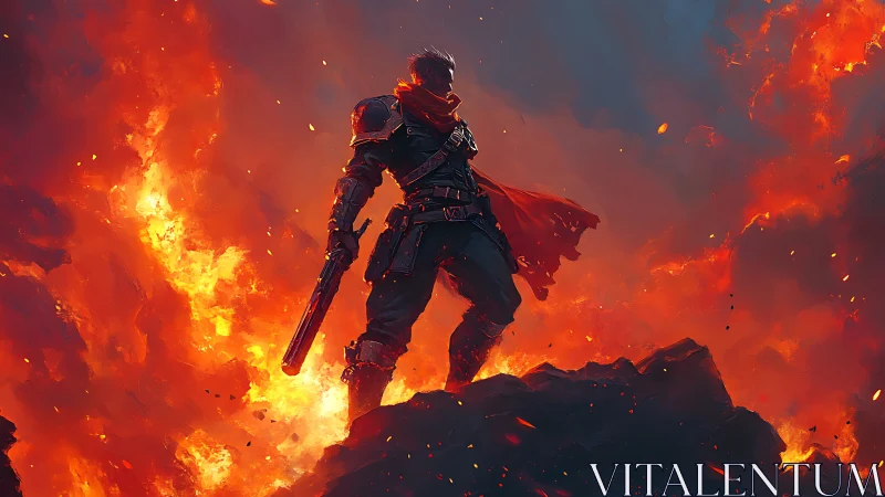 Lone firelit warrior standing bold amid swirling embers.