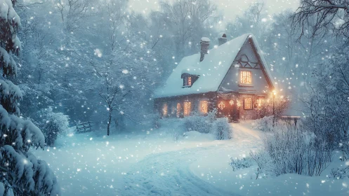 Snow covered cottage with warm lights in winter forest.