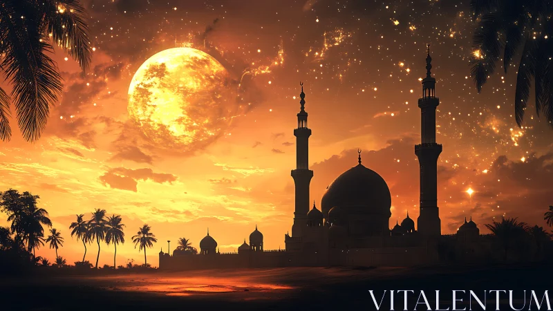 Golden moonlit mosque skyline under radiant desert sky.