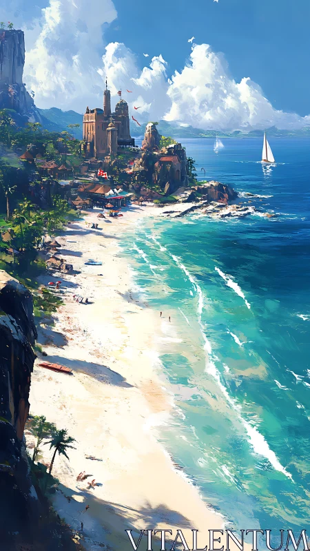 Coastal Castle Fantasy - Medieval Architecture Overlooking Turquoise Waters.