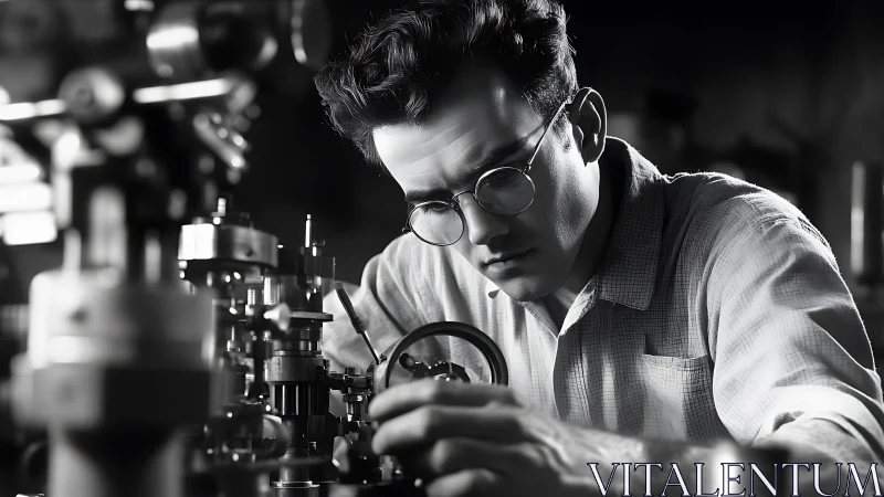 Man examines precision mechanical apparatus in monochrome image