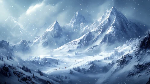 Mountaineers cross storm-swept glacier beneath jagged peaks.