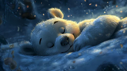 Sleeping polar bear cub lies curled on snowy forest ground