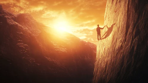 Silhouette on steep rock face in strong orange sunset light.