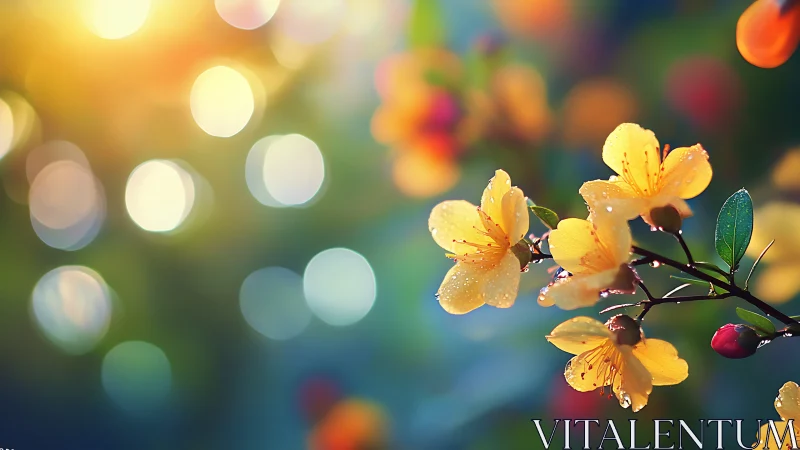 Golden flowers glow with morning dewdrops in soft bokeh light.