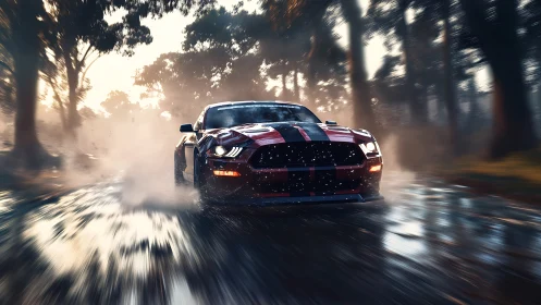 Red striped sports car on wet forest road in motion blur.