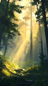 Volumetric Godrays Through Coniferous Forest Canopy at Golden Hour