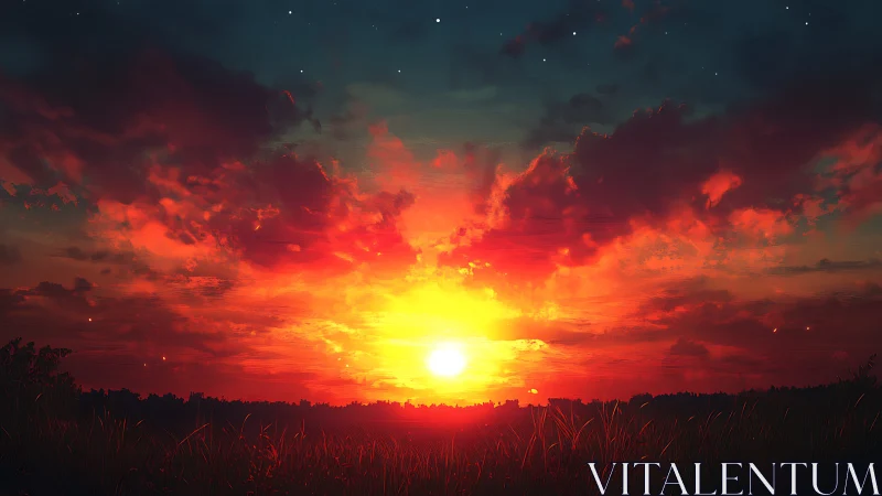 Fiery horizon sunset over silhouetted grassy meadowscape.