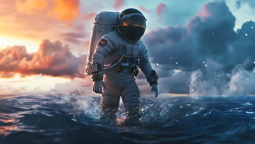 Astronaut strides through alien ocean at vivid sunset.