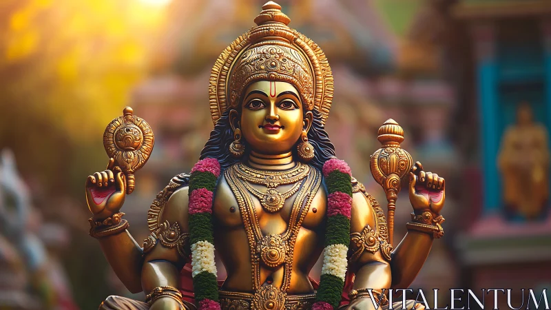 Golden Hindu deity statue under warm backlight with ornate details
