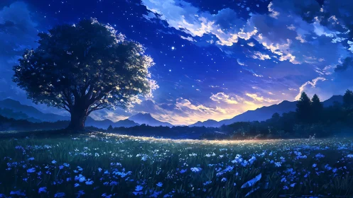 Starlit meadow under solitary tree at luminous dusk.