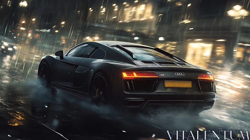 Sleek supercar powers through neon city streets in rain
