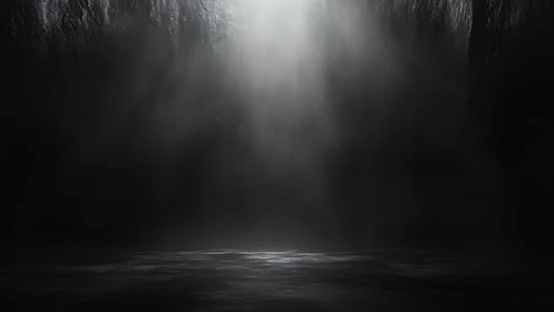 Volumetric shaft of light penetrating abyssal cavern void.