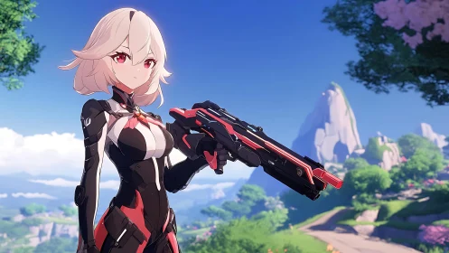 Futuristic anime heroine with rifle in stylized valley landscape.