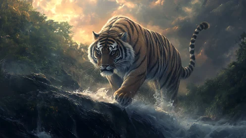 Sunlit tiger strides boldly through rushing forest river